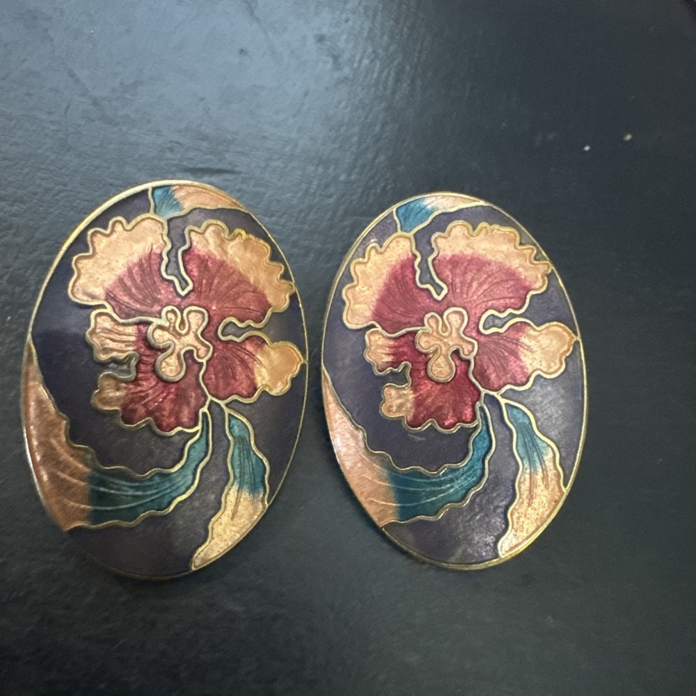 Cloisonné Vintage Enamel Orchid Earrings 1.25" Purple Pink Multi Color Flowers